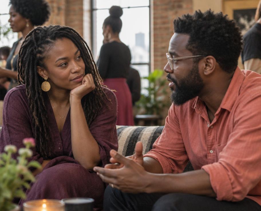 Two community members having a quiet, honest one-on-one conversation
