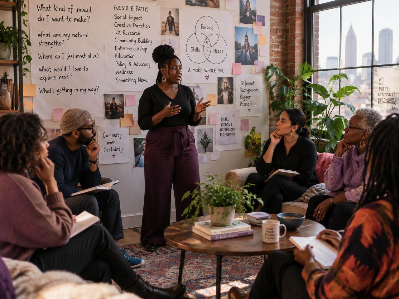 A confident Black woman facilitating a career-exploration Room experience in a warm Atlanta loft, with diverse professionals in a semicircle and a wall of handwritten questions and possible paths