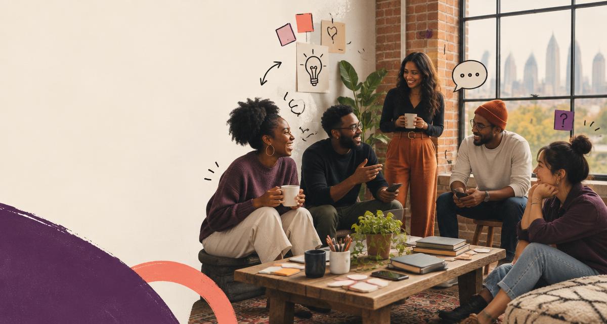 A warm illustration of The Pivot community sharing ideas, phones, and coffee in an Atlanta loft