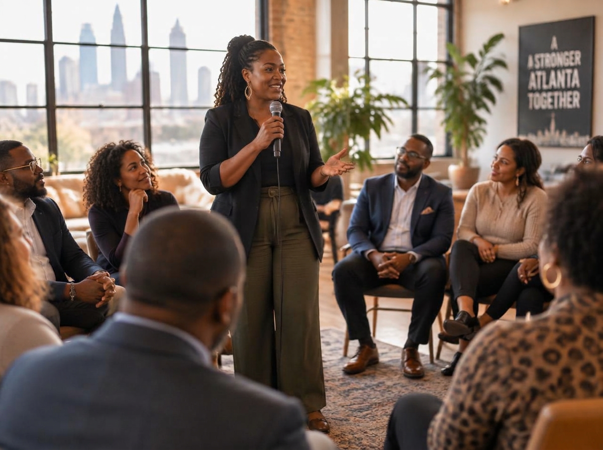 A Pivot town hall facilitator with a microphone speaking to a seated circle of diverse professionals in an Atlanta loft