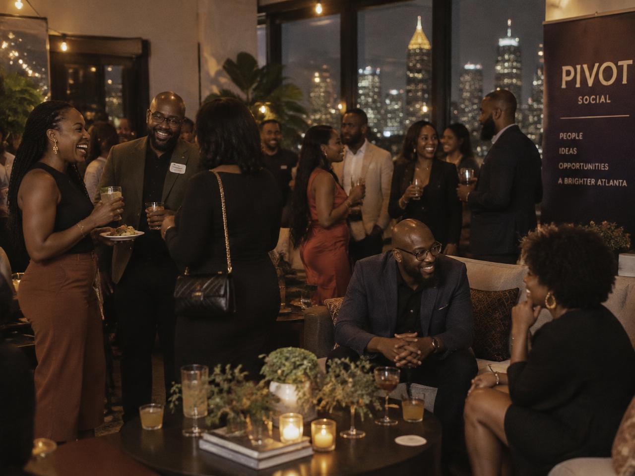 A Pivot Social hour with professionals laughing and connecting over drinks in a warm Atlanta lounge